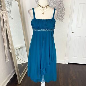 City Triangles Early 2000s Teal Blue Flowy Flutter Mesh Sequin Babydoll Dress M